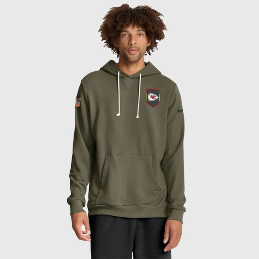Kansas City Chiefs Nike 2025 Salute to Service hoodie in olive green designed with Dri-FIT fabric for lightweight warmth.