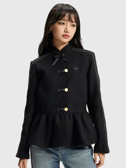 RECREATED Adidas Chinese New Year 2026 peplum jacket in black with a smooth, polished finish