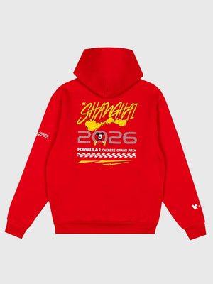 Recreated Formula 1 Disney 2026 Chinese Grand Prix pullover hoodie in red with cozy fleece and relaxed unisex fit