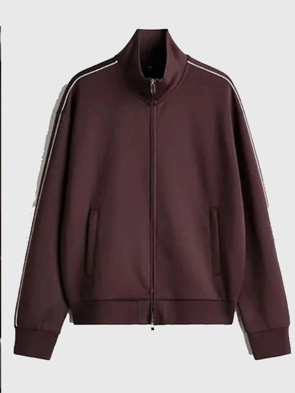 Abbott Elementary S05 Jacob Hill brown track jacket with Chris Perfetti-inspired fit and modern casual appeal