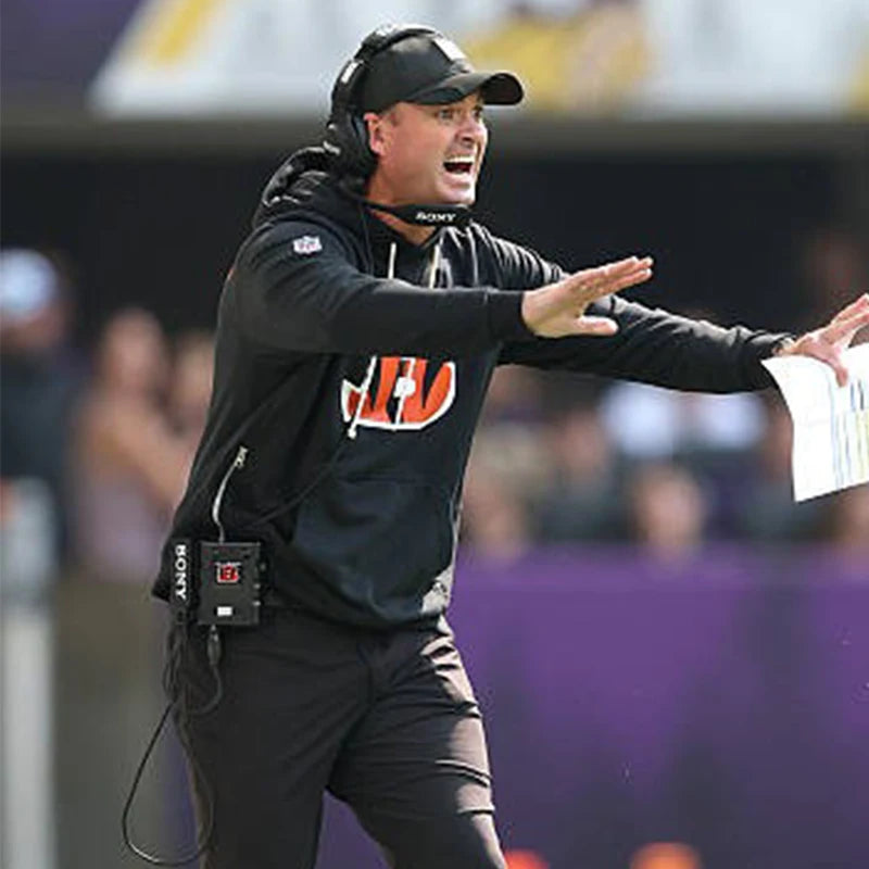 Recreated Coach Zac Taylor Cincinnati Bengals black fleece Nike sideline hoodie with clean athletic styling