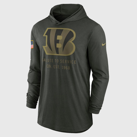 Forest green Nike Cincinnati Bengals 2025 Salute to Service pullover hoodie designed for performance and everyday wear.