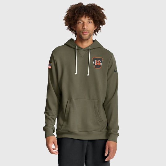 Nike Olive Green Hoodie showcasing the Cincinnati Bengals logo and 2025 Salute to Service aesthetic.
