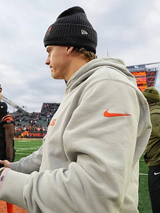 Grey Nike sideline hoodie inspired by Joe Burrow and the Cincinnati Bengals football aesthetic.