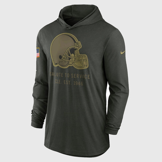 2025 Cleveland Browns Salute to Service forest green hoodie T-shirt by Nike featuring breathable sideline-inspired athletic design.