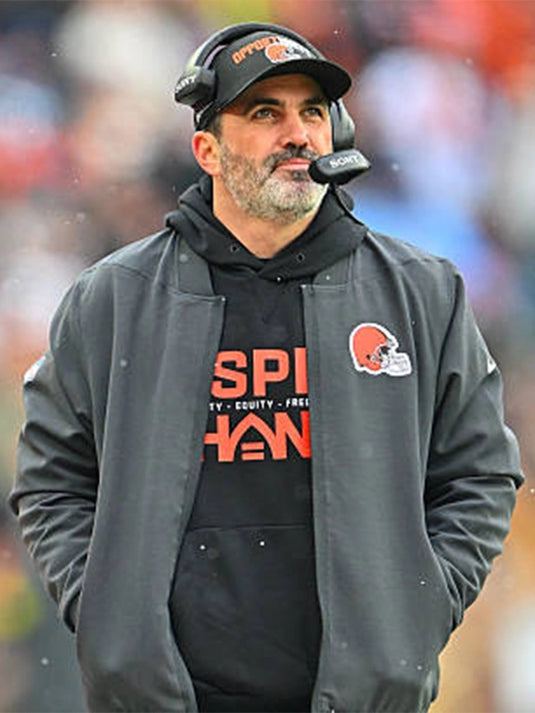 Recreation of Kevin Stefanski 2025 Cleveland Browns Nike sideline bomber jacket in black with a clean athletic profile