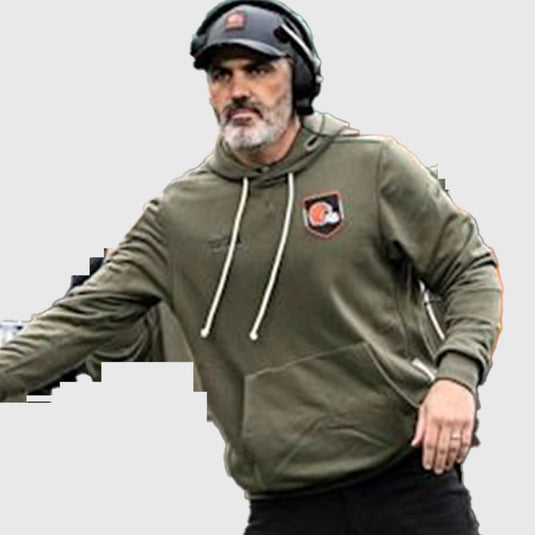 Kevin Stefanski Cleveland Browns olive fleece hoodie offering warm, comfortable fit for sideline activity.