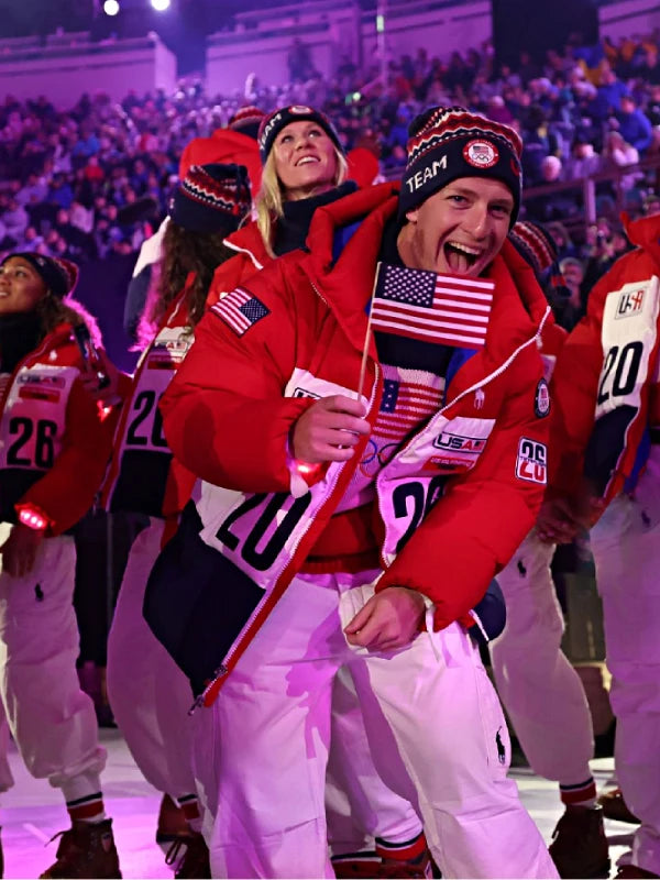 Red and white Team USA hooded puffer jacket inspired by the Milano Cortina 2026 Winter Olympics closing ceremony with insulated quilted construction