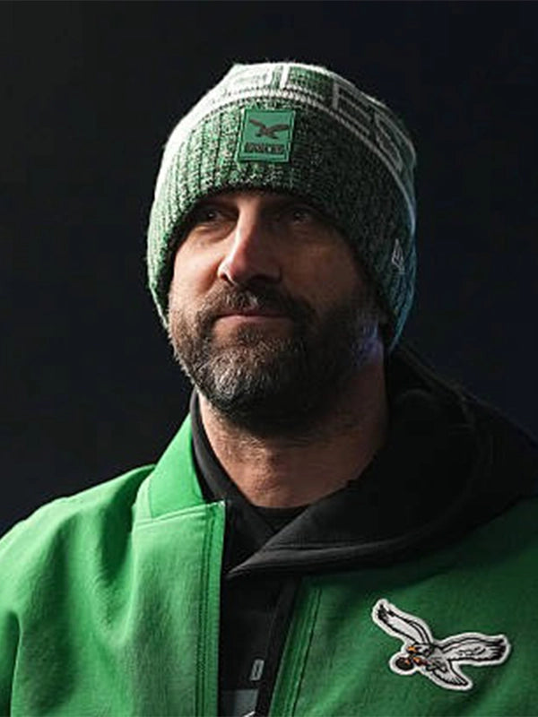 Kelly Green sideline bomber jacket inspired by the Philadelphia Eagles 2025 Nike design with structured fit