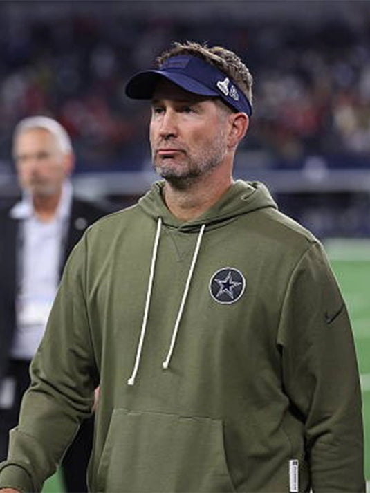 Brian Schottenheimer Dallas Cowboys 2025 Salute to Service Olive Green Fleece Hoodie with soft lining.