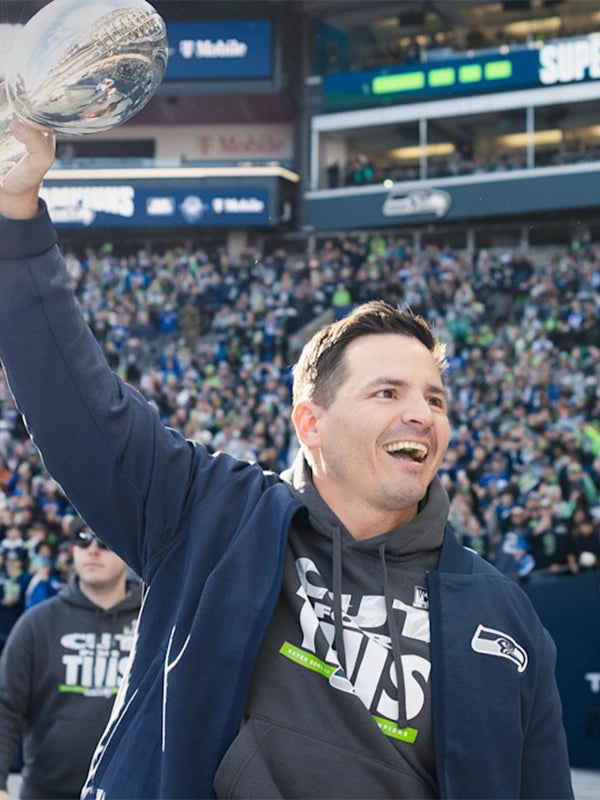 Navy Seattle Seahawks Super Bowl LX Champions full-zip bomber jacket inspired by Coach Mike Macdonald’s parade style
