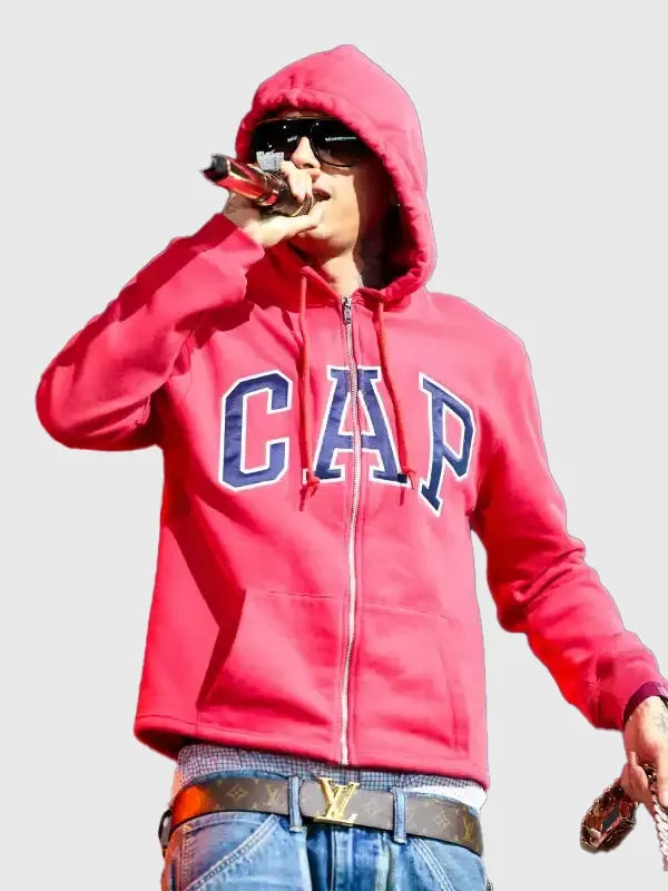 RECREATED red fleece zip-up hoodie from Central Cee Coachella Cap collection, featuring built-in cap detail and relaxed oversized streetwear shape