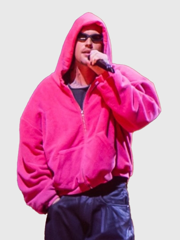 Coachella 2026 Justin Bieber pink zip up hoodie recreated with plush fur build and standout fashion-forward look