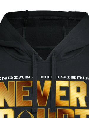 Cozy black fleece pullover hoodie commemorating Indiana Hoosiers 2025 National Champions with “Never Doubt Us” lettering