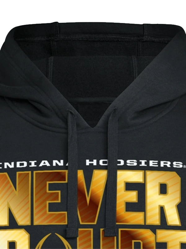 Cozy black fleece pullover hoodie commemorating Indiana Hoosiers 2025 National Champions with “Never Doubt Us” lettering