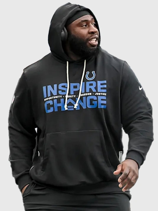 Indianapolis Colts 2025 Inspire Change black Nike sideline hoodie featuring Opportunity Equity Freedom Justice lettering