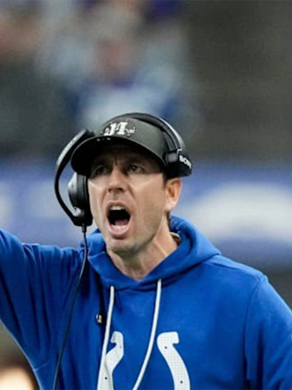 Recreated Indianapolis Colts coach-style blue hoodie in fleece inspired by Shane Steichen sideline look Indianapolis Colts