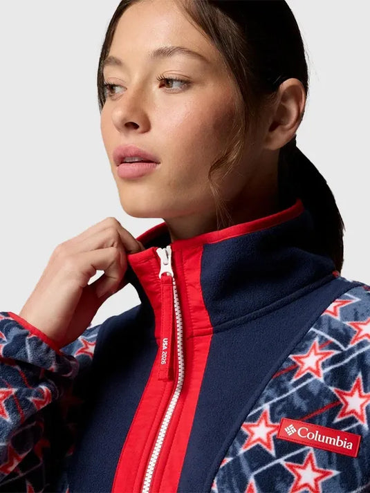 Team USA Columbia fleece jacket inspired by Milano Cortina 2026 Winter Olympics, warm brushed interior with athletic outdoor styling