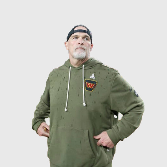 Coach Dan Quinn Washington Commanders Salute to Service 2025 Olive Green Fleece Hoodie with team logo on chest.