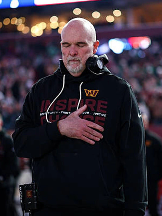 Black Nike hoodie from the Washington Commanders 2025 Inspire Change collection with bold message lettering