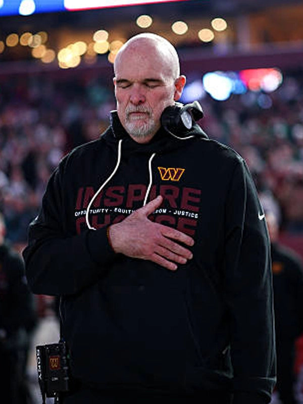 Black Nike hoodie from the Washington Commanders 2025 Inspire Change collection with bold message lettering
