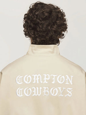 Recreated Compton Cowboys Adidas x Willy Chavarria chino beige track jacket with ribbed cuffs and tailored streetwear silhouette