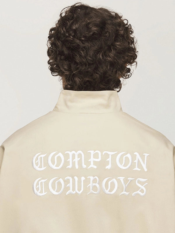 Recreated Compton Cowboys Adidas x Willy Chavarria chino beige track jacket with ribbed cuffs and tailored streetwear silhouette