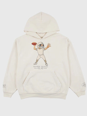 Recreated Bad Bunny x Super Tazón LX Concho unisex off-white pullover fleece hoodie with bold event graphics and cultural design