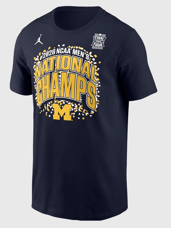 Recreated navy Michigan Wolverines Jordan 2026 championship t-shirt with confetti design and everyday wear comfort