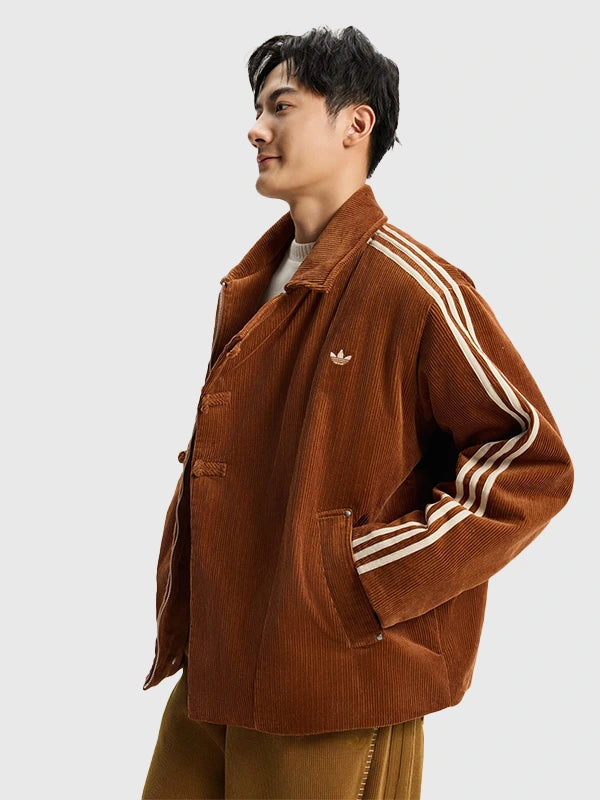 Brown padded corduroy jacket recreated from the Adidas Chinese New Year SS26 collection with clean outerwear styling