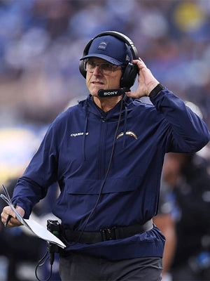Recreated Coach Jim Harbaugh Los Angeles Chargers 2025 sideline anorak half-zip hooded jacket