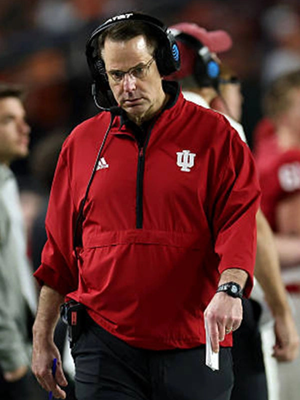 Coach Curt Cignetti style Indiana Hoosiers Adidas 1/4 zip short sleeve jacket in red with practical side pockets