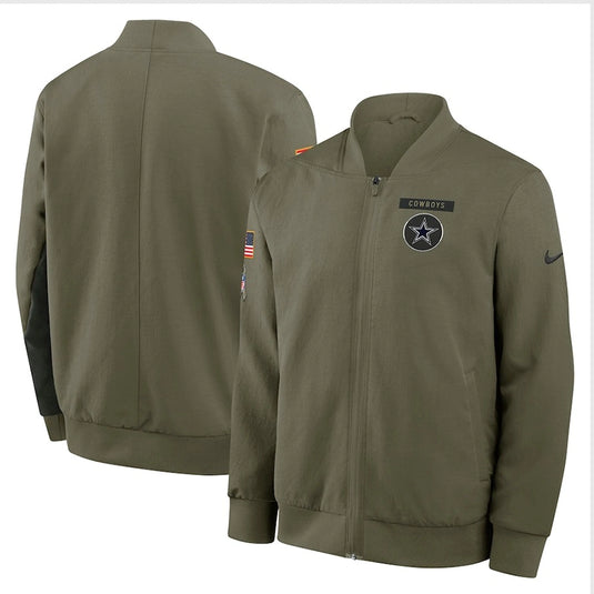 2025 Nike Salute to Service bomber jacket in olive green made for Dallas Cowboys fans with premium fabric and athletic comfort.