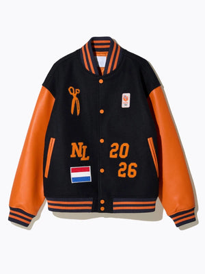 Denham Team Netherlands letterman jacket crafted with structured shoulders and bold team-inspired aesthetic