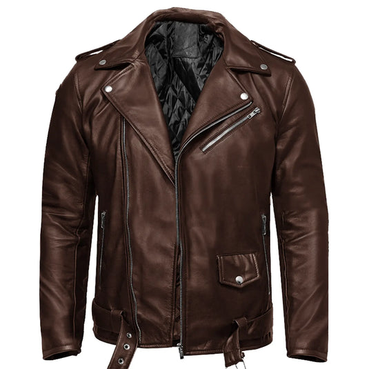 Bruce Dark Brown Sheepskin Motorcycle Leather Jacket