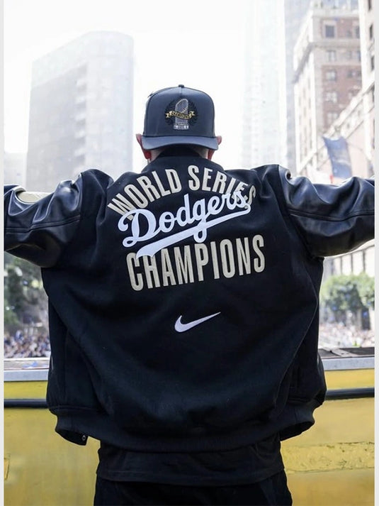 Recreation Dodgers World Series Championship 2025 Dave Roberts Parade Jacket featuring classic blue tones and team graphics.