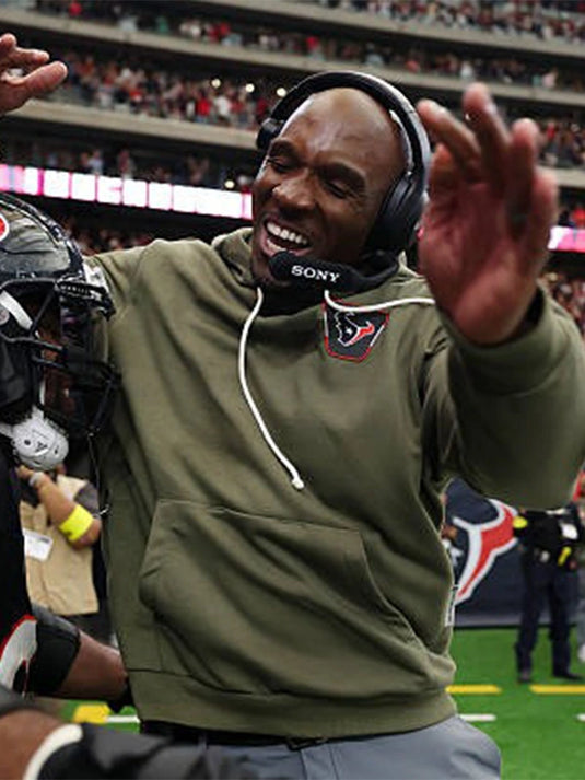 Coach DeMeco Ryans Houston Texans Salute to Service 2025 olive green fleece hoodie featuring clean team details.
