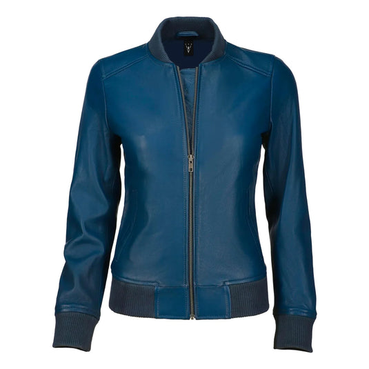 Delilah Blue Bomber Leather Jacket Womens