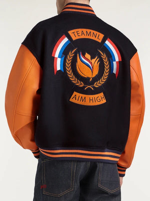 Denham Team Netherlands varsity jacket featuring wool blend body and contrast sleeve detailing