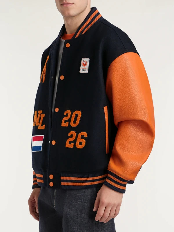 Denham Netherlands varsity jacket designed with heritage-inspired trims and durable stitched finish