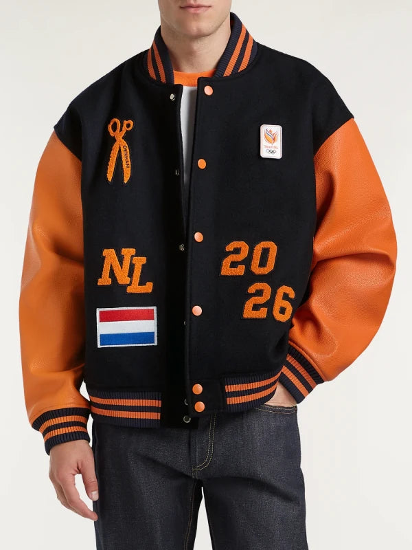 Recreated Denham Team Netherlands varsity jacket with classic letterman silhouette and structured athletic fit
