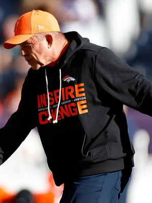 Nike black Inspire Change 2025 hoodie for the Denver Broncos with Opportunity Equity Freedom Justice messaging