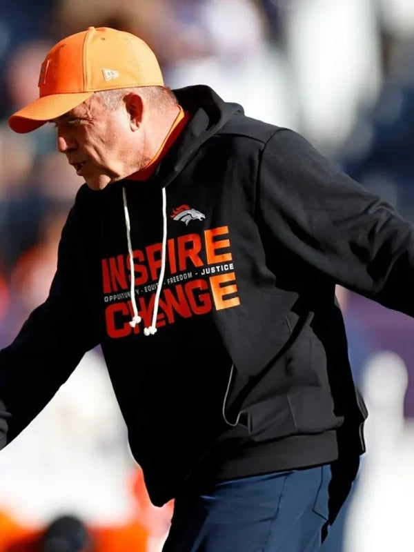 Nike black Inspire Change 2025 hoodie for the Denver Broncos with Opportunity Equity Freedom Justice messaging