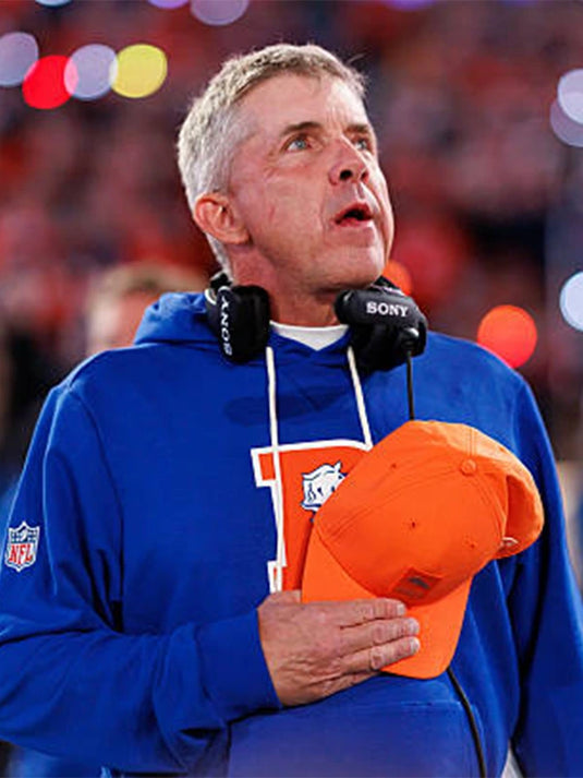 Nike Denver Broncos Royal Blue Dri-FIT Hoodie Alt 2 version inspired by Sean Payton’s sideline apparel and modern team design.