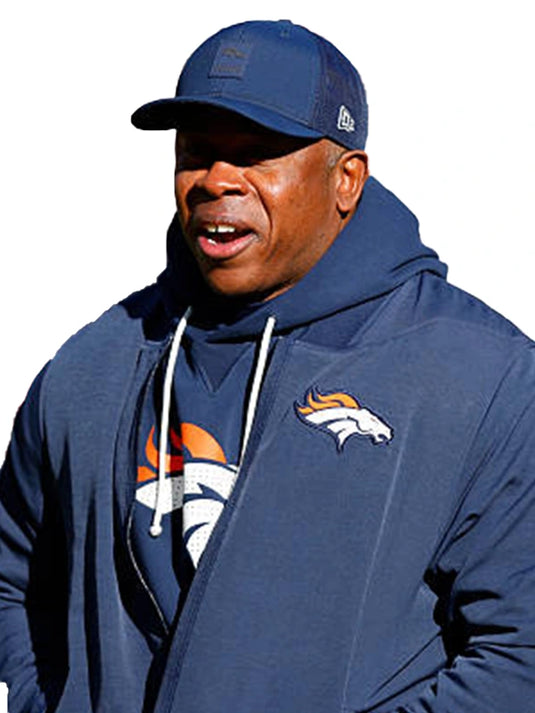 Denver Broncos navy sideline bomber jacket for unisex styling with structured shape and everyday comfort