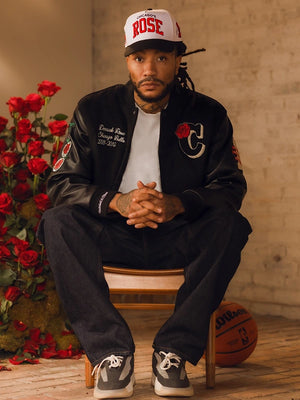 Black RECREATED Derrick Rose Chicago Bulls retirement letterman jacket designed with timeless varsity appeal