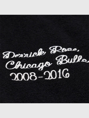 RECREATED Derrick Rose Chicago Bulls retirement letterman jacket in black with full-snap varsity design