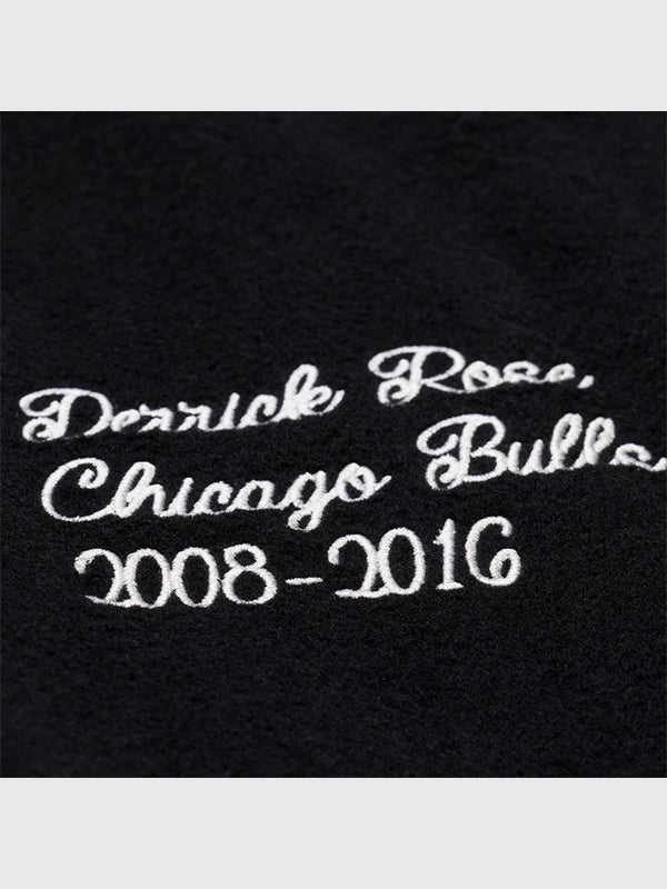 RECREATED Derrick Rose Chicago Bulls retirement letterman jacket in black with full-snap varsity design
