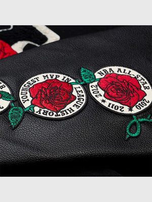 RECREATED Derrick Rose Chicago Bulls full-snap letterman jacket in black with a bold, iconic look