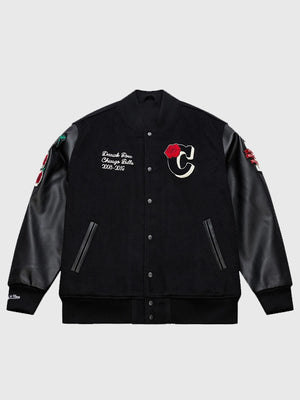 Derrick Rose RECREATED Chicago Bulls retirement jacket in black with traditional letterman construction